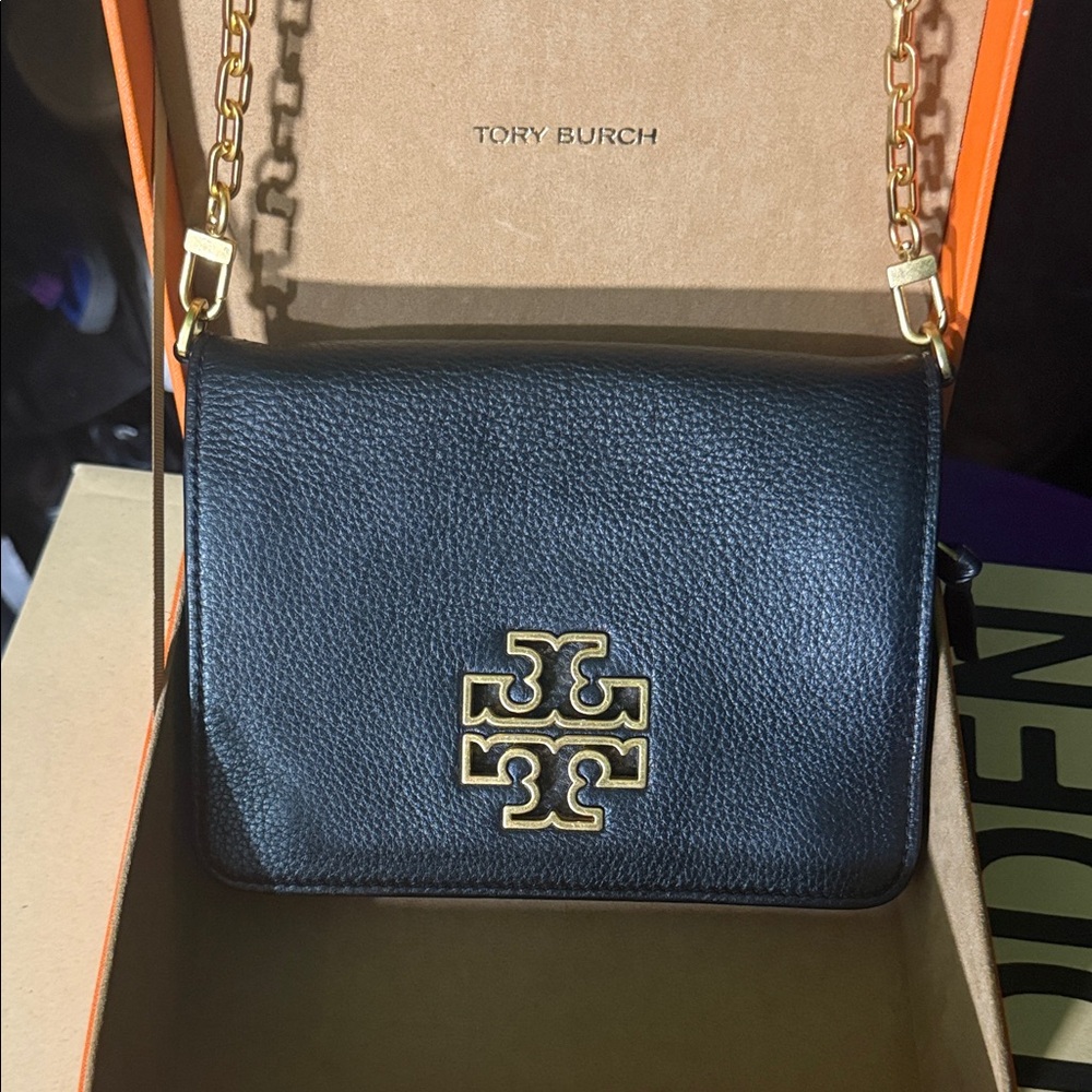 Tory Burch Black Britten adjustable Crossbody Bag with Gold Accents